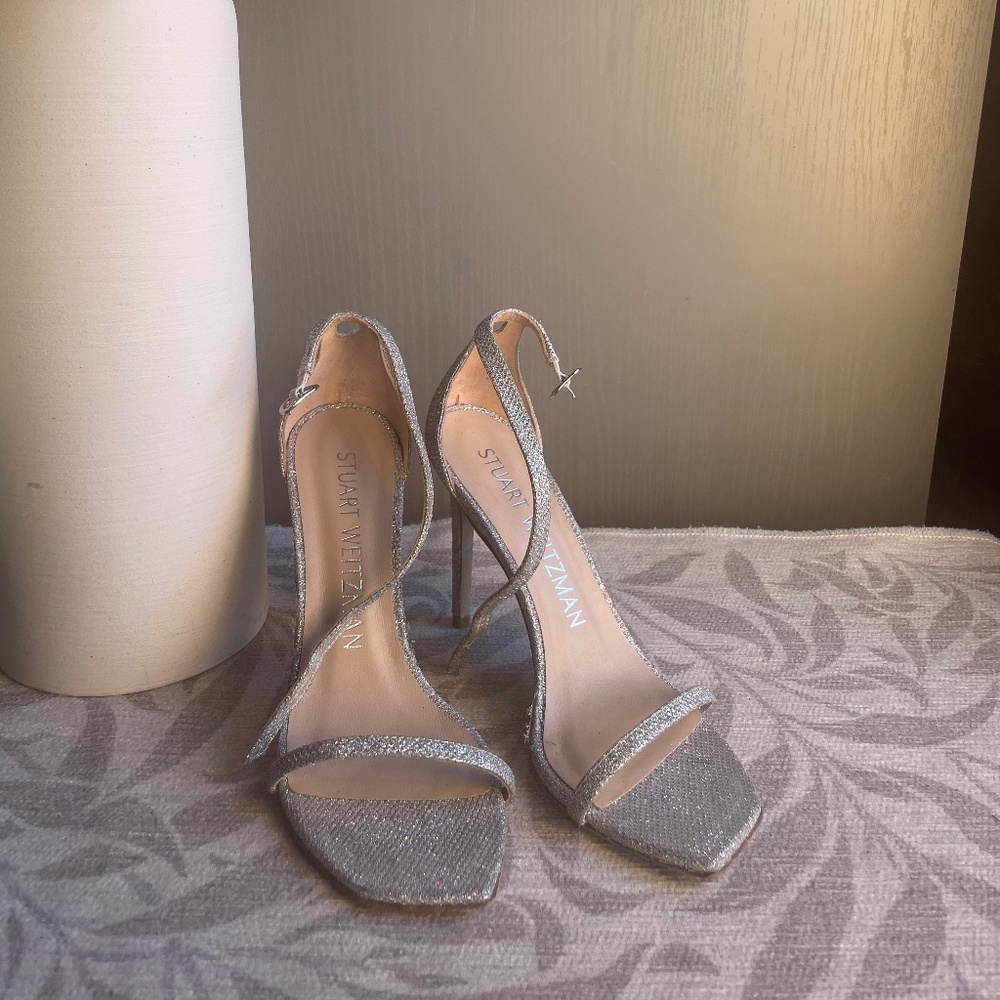 Stuart Weitzman Silver Glitter Strappy Heels